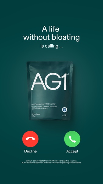 A vertical ad creative that mimics a smartphone incoming call screen to offer a solution for bloating using a dietary supplement pouch.
